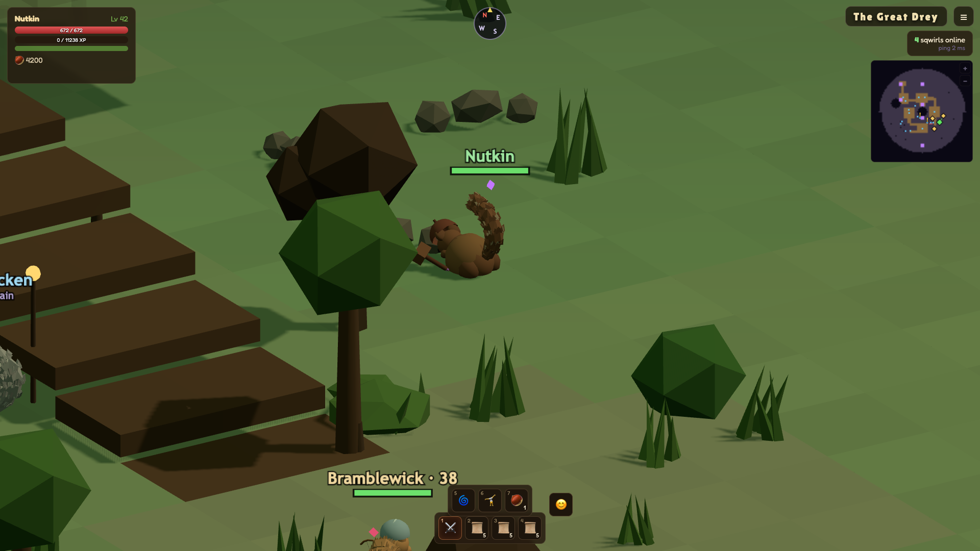 The Great Drey in daylight: a sqwirl beside a broad flight of stone steps cut into a green slope, chunky low-poly oaks and boulders around it, another player's name and level floating further down the hill