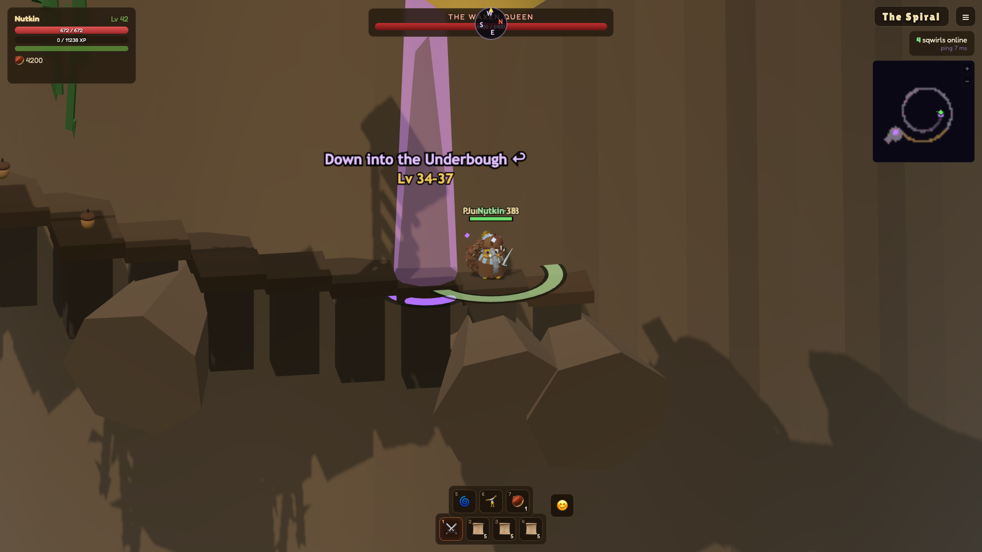 Dark rock terraces deep in the Spiral, a column of purple light marking the way down into the Underbough at levels 34 to 37, and a boss health bar stretched across the top of the screen