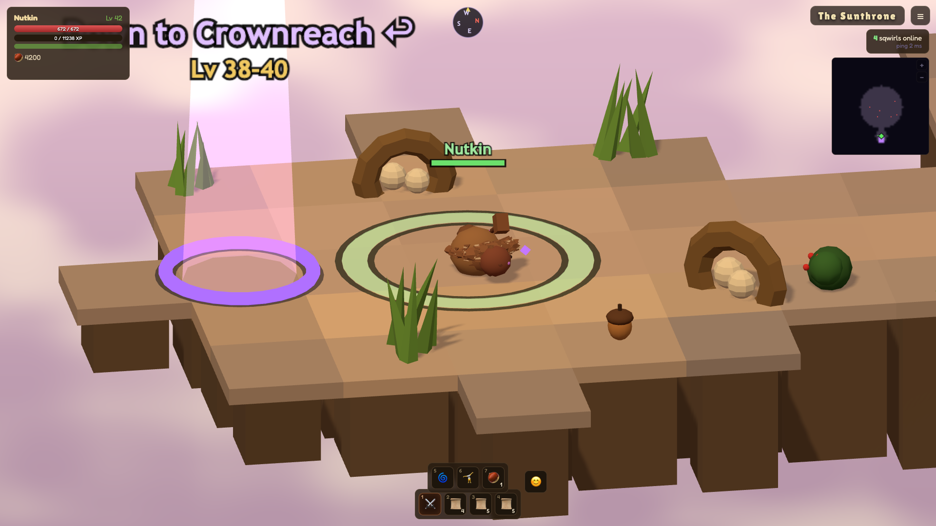 A tan platform floating in a pink sky — the Sunthrone — with two burrow arches, a loose acorn on the boards, a sqwirl standing in a ring of green light, and a purple gate down to Crownreach