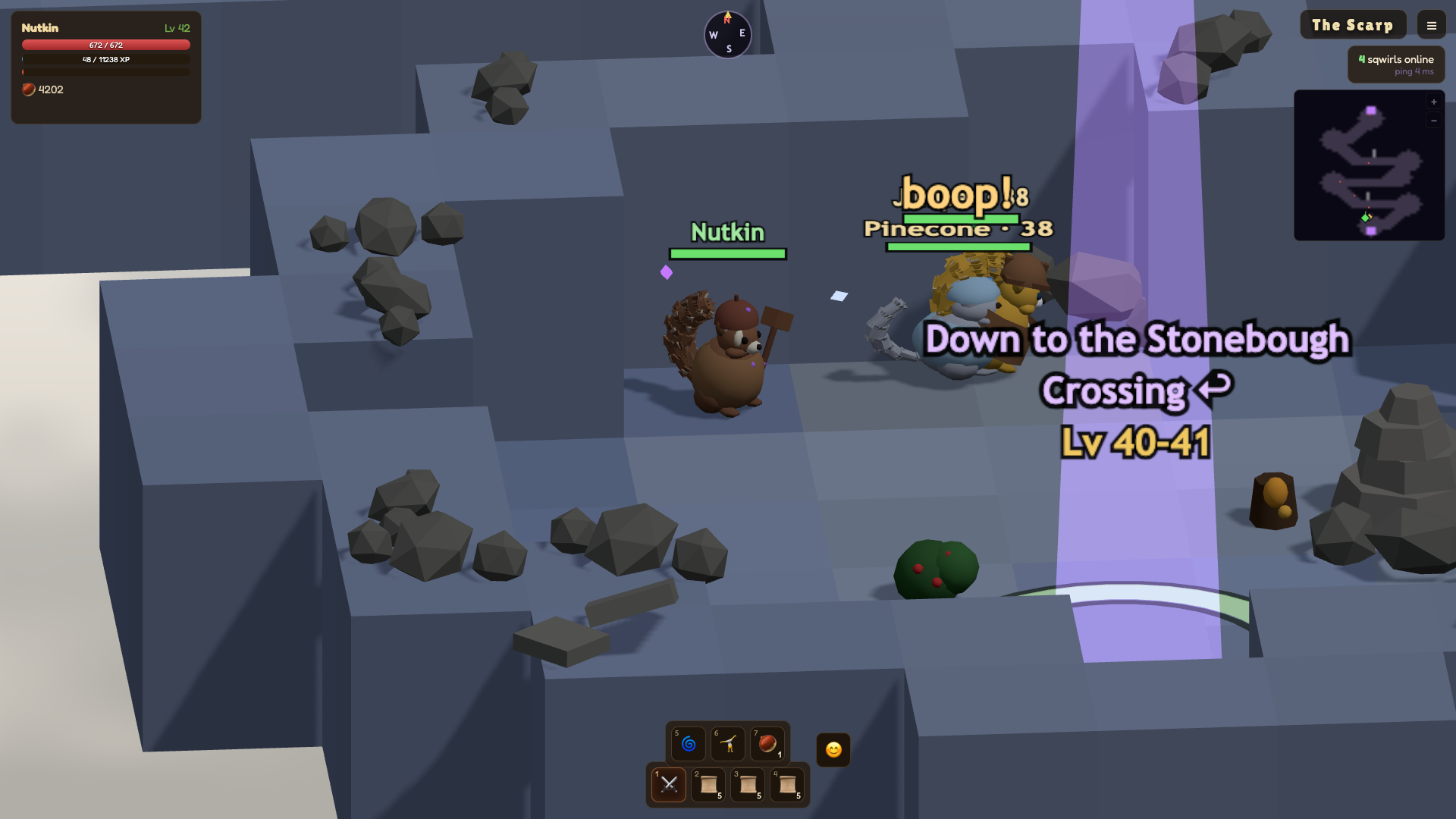 Blue-grey stone shelves and scattered boulders in the Scarp, two sqwirls standing together with a chat bubble reading boop, and a signposted gate down to the Stonebough Crossing