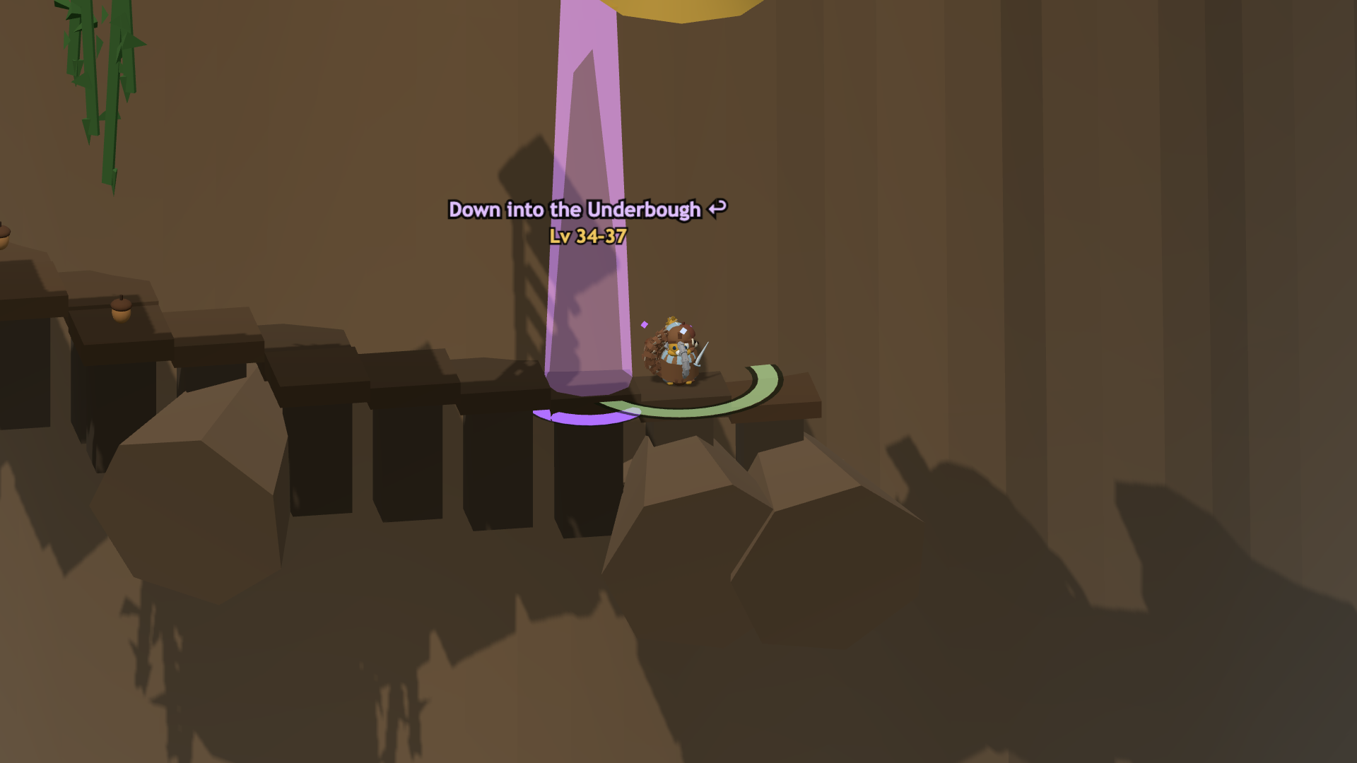 No interface at all: one sqwirl on a dark ledge of layered rock, lit only by the purple column that drops into the Underbough