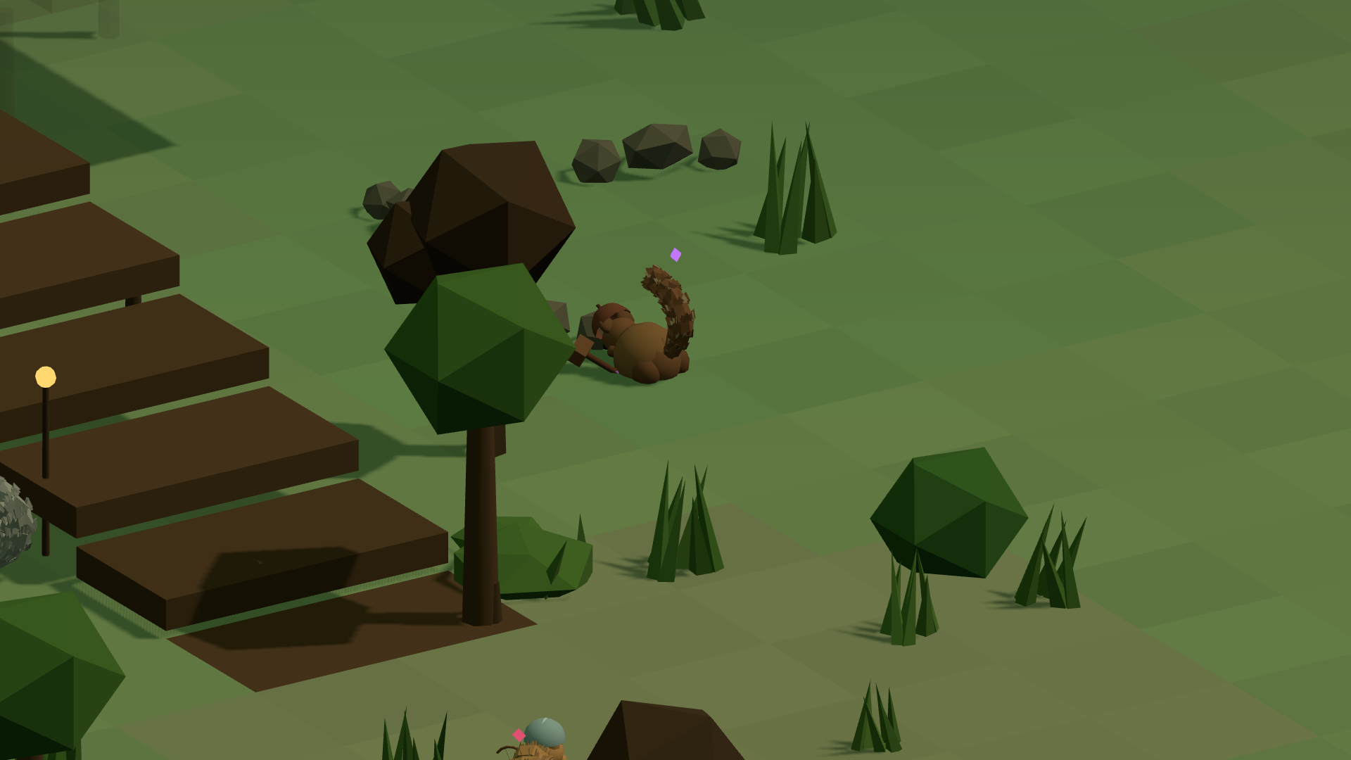 A sqwirl clinging halfway up the bare trunk of a low-poly oak, the meadow's stone steps and a scatter of acorns on the grass below