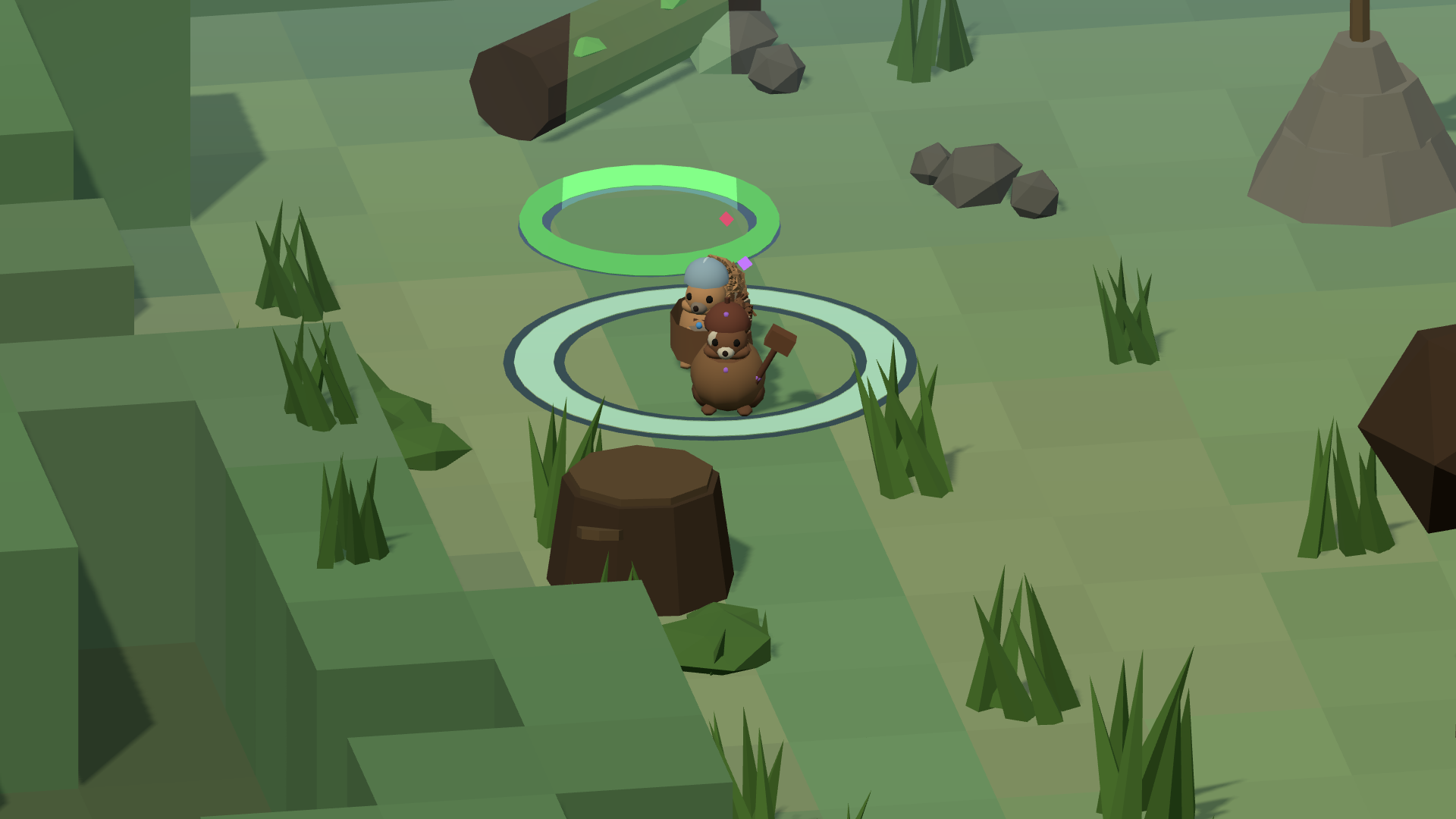 Looking down on a sqwirl standing inside two concentric rings of green light beside a cut tree stump in the meadow grass