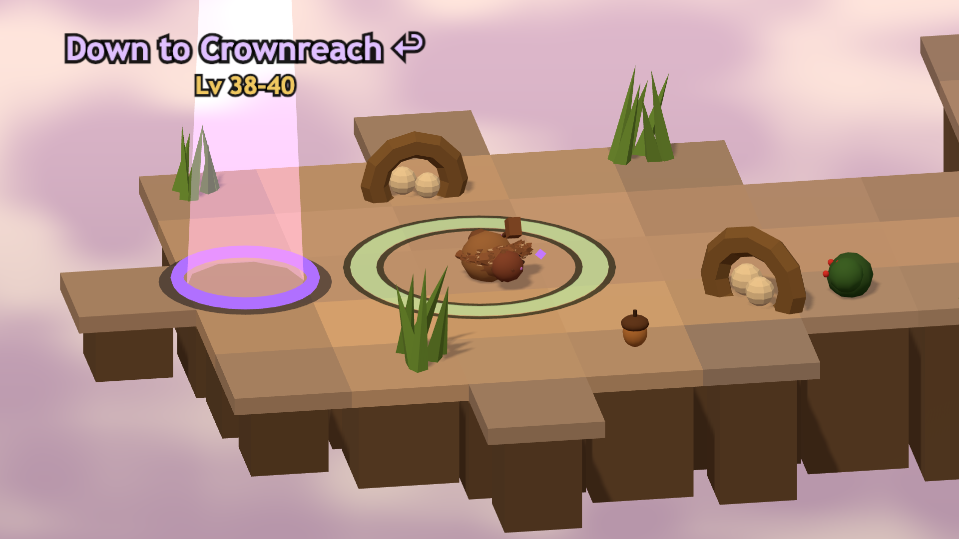 The Crownreach gate seen close: a purple ring set into a floating platform in a pink sky, marked for levels 38 to 40, with a sqwirl walking toward it