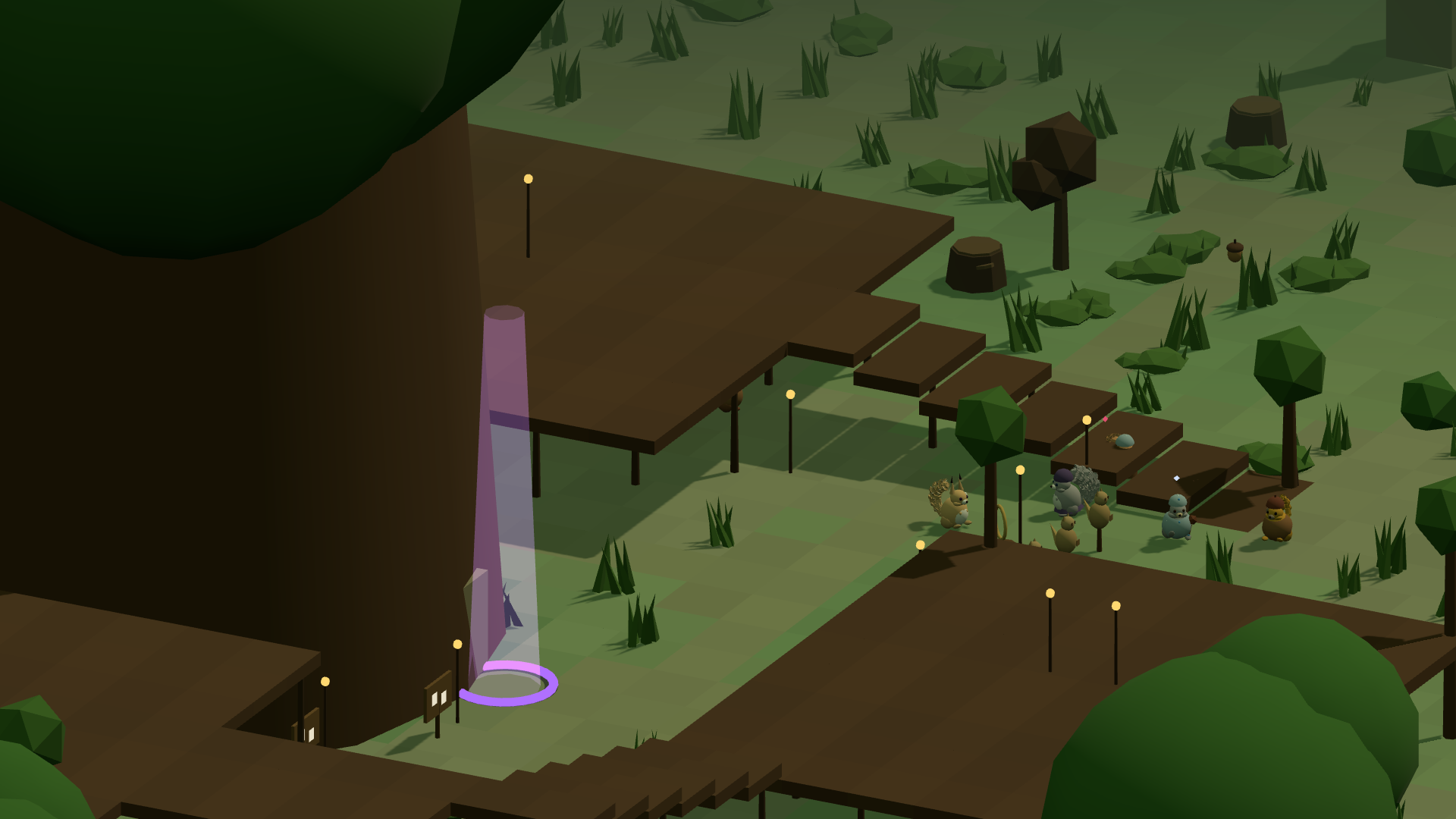 The Great Drey: the Great Oak's huge trunk with a violet portal glow at its foot, two wooden treehouse decks standing on stilts above the grass plaza, a plank stair climbing between them, and a group of sqwirls gathered by the training dummies beneath one deck